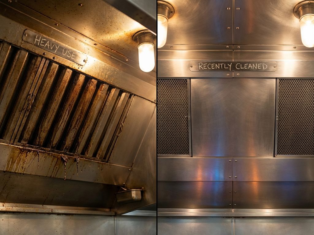 Professionele afzuigkap van onderaf: linkerkant met roet en vet, rechterkant schoon met vlamreflecties