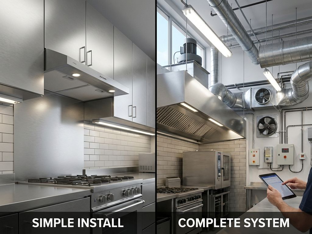 Vergelijking van eenvoudige afzuigkap onder keukenkastjes versus complex afzuigsysteem met zichtbare kanalen in professionele keuken