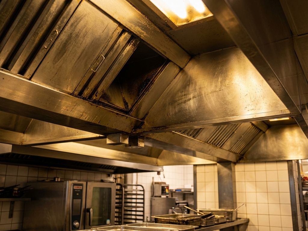 Commerciële afzuigkap in restaurantkeuken Amsterdam met vetvervuiling die professionele reiniging vereist