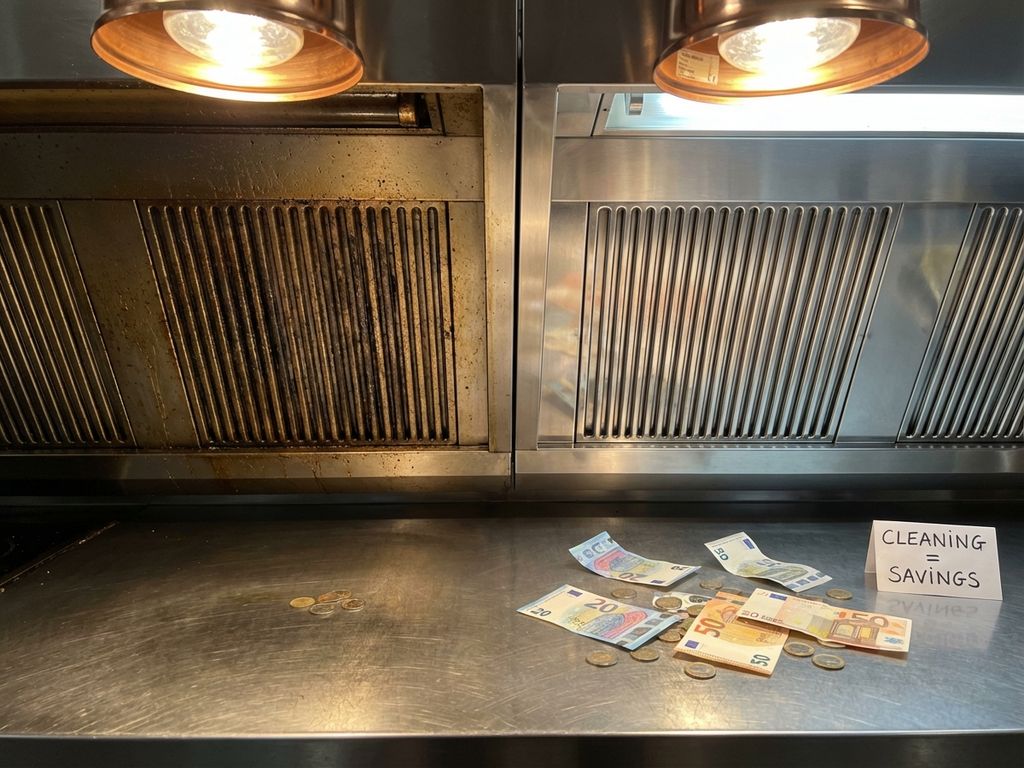 Commerciële afzuigkap voor en na professionele reiniging met eurobiljetten op aanrecht, toont kostenbesparingen