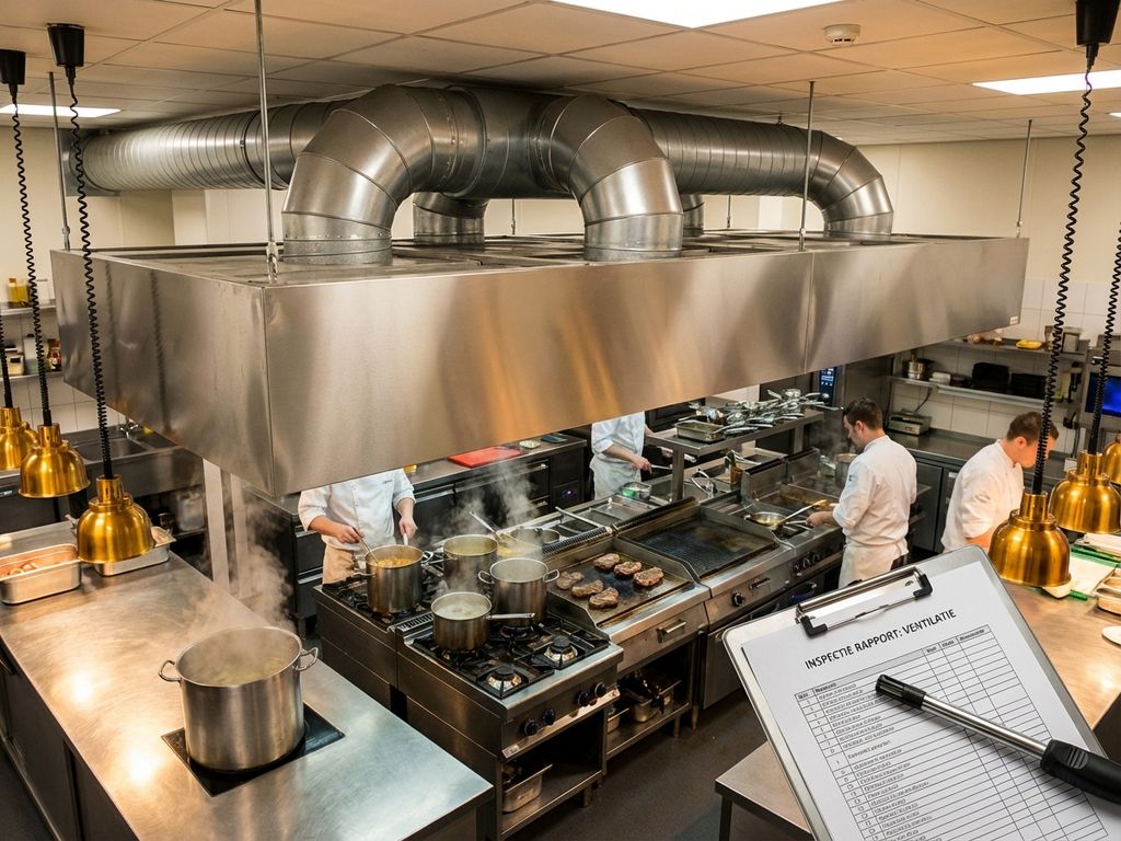Bovenaanzicht professionele restaurantkeuken met RVS afzuigkap, kooktoestellen en inspectie-checklist op werkblad