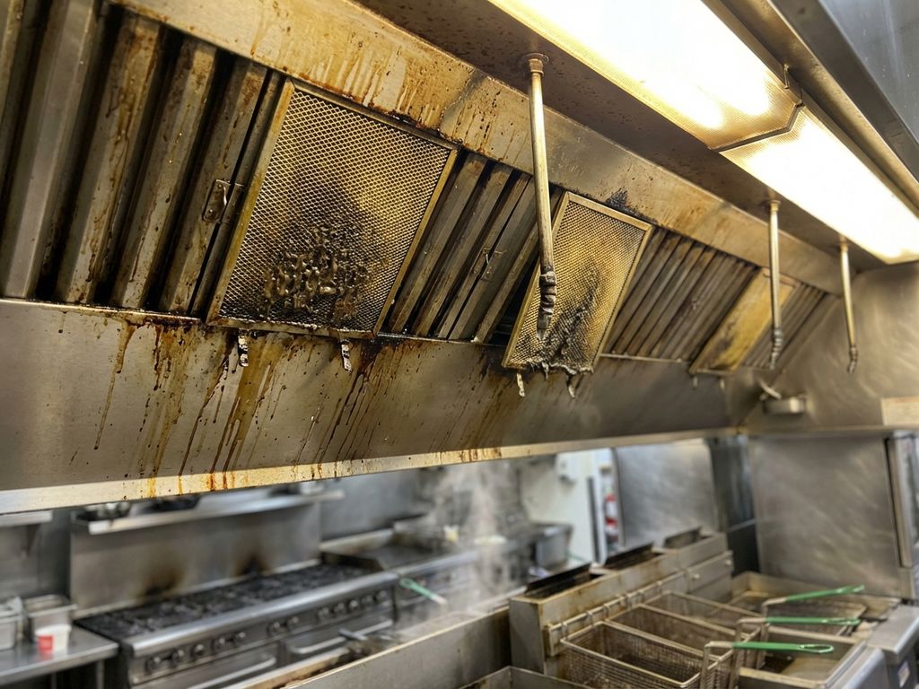 Vervuilde afzuigkap met vetaanslag en gele filters in restaurantkeuken, onderhoudsproblemen zichtbaar