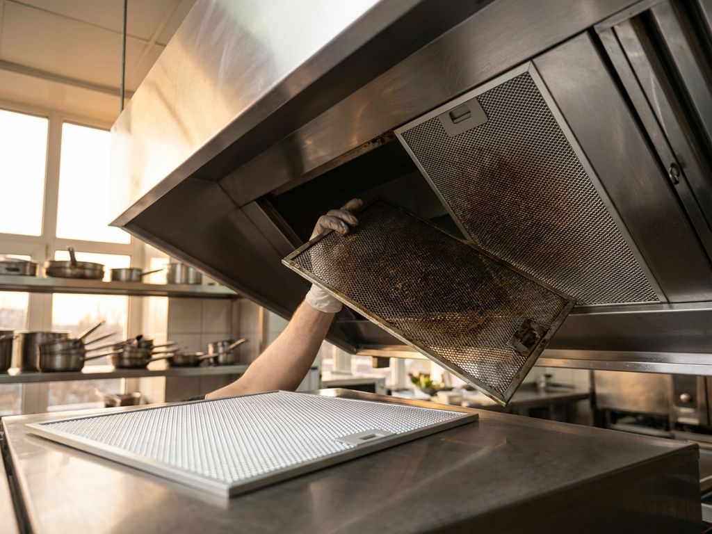 Vetfilter van afzuigkap gedeeltelijk uitgetrokken, toont vuile gebruikte filter naast schone nieuwe vervanging