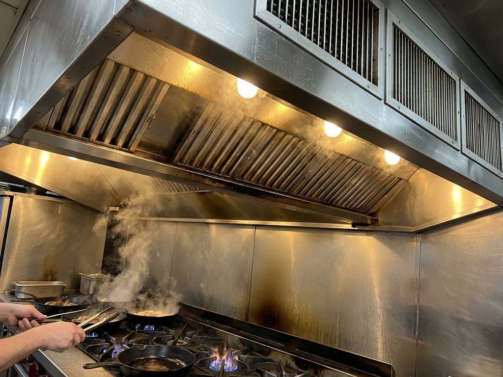 Commerciële afzuigkap van roestvrij staal in werking boven gasfornuis met blauwe vlammen in professionele keuken