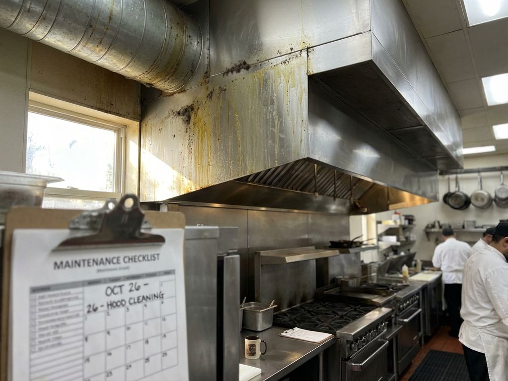 Commerciële afzuigkap met vetvervuiling in professionele restaurantkeuken met onderhoudsschema op aanrecht