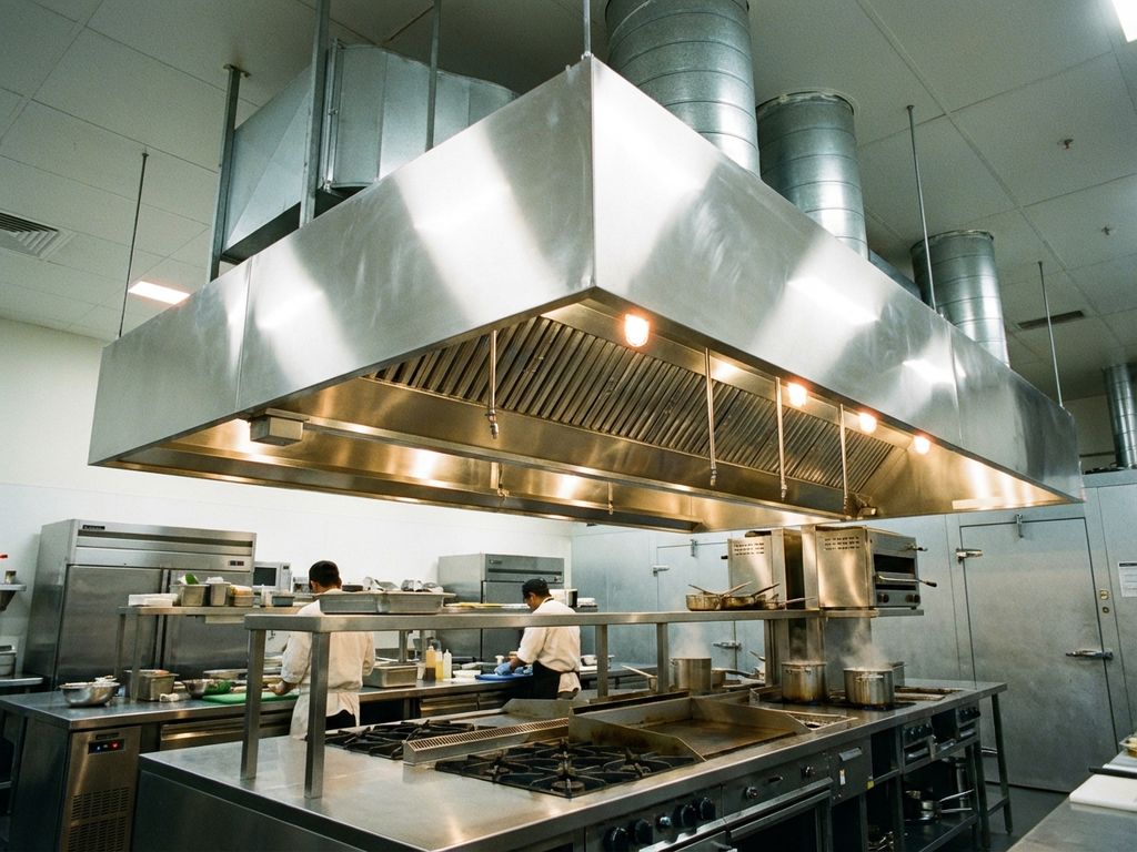 Professionele hotelkeuken met grote roestvrijstalen afzuigkap en commerciële kookapparatuur op stalen werkbladen.