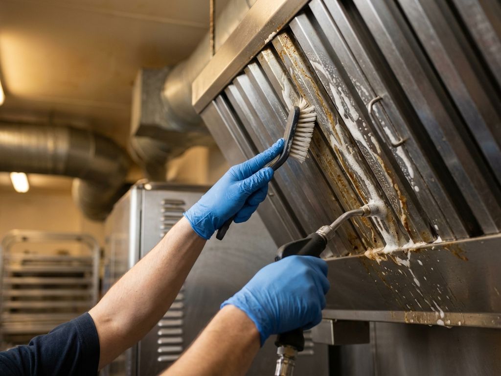 Technicus in blauwe handschoenen reinigt professioneel een roestvrijstalen afzuigkap in commerciële keuken