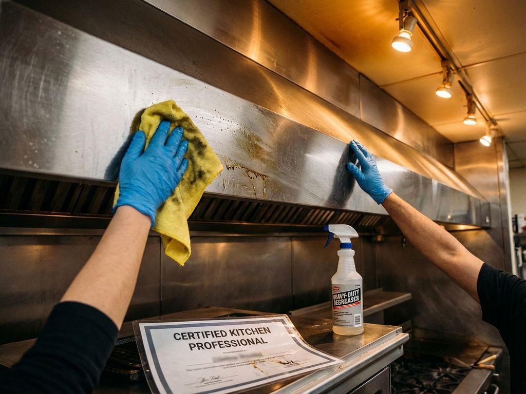 Professionele keukenmedewerker in blauwe handschoenen reinigt commerciële afzuigkap met microvezeldoek en spray