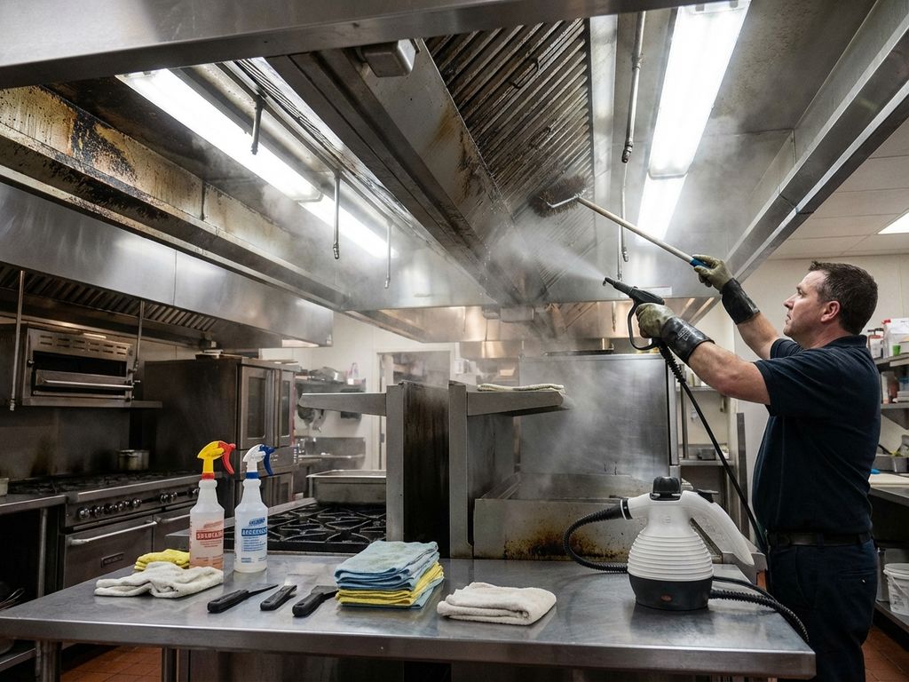 Professionele keukenafzuigkap reiniging in restaurantkeuken met technicus en gespecialiseerde schoonmaakgereedschappen