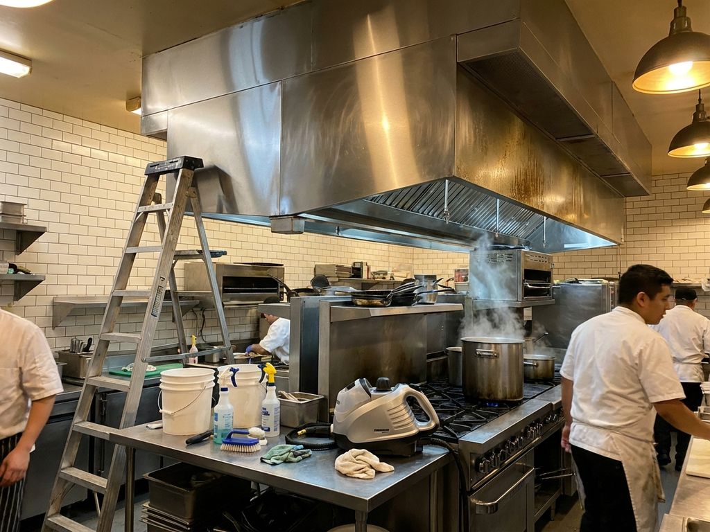 Professionele restaurantkeuken met roestvrij stalen afzuigkap tijdens schoonmaakproces, ladder en schoonmaakmiddelen zichtbaar