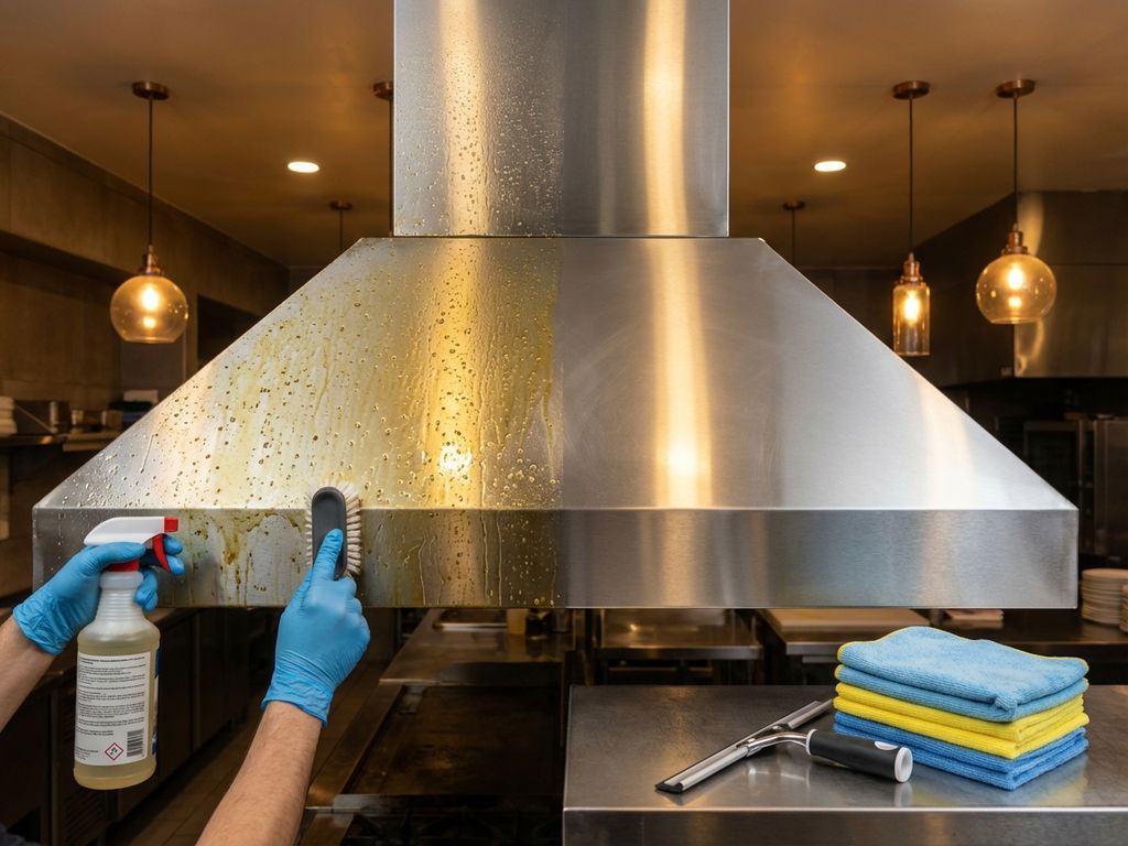 Commerciële roestvrijstalen afzuigkap met voor-en-na reiniging contrast, professionele schoonmaakapparatuur zichtbaar