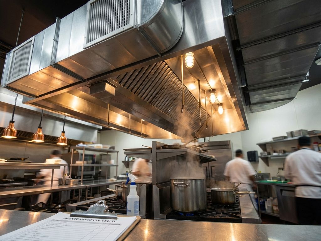 Professionele RVS afzuigkap met ventilatie in restaurantkeuken, stoom stijgt op van kooktoestellen, onderhoudslijst zichtbaar