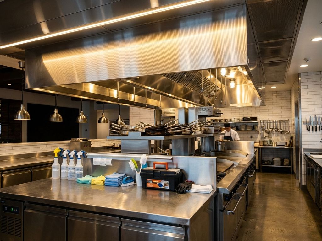 Professionele restaurantkeuken met glanzende schone afzuigkap en onderhoudsgereedschap op roestvrijstalen werkblad