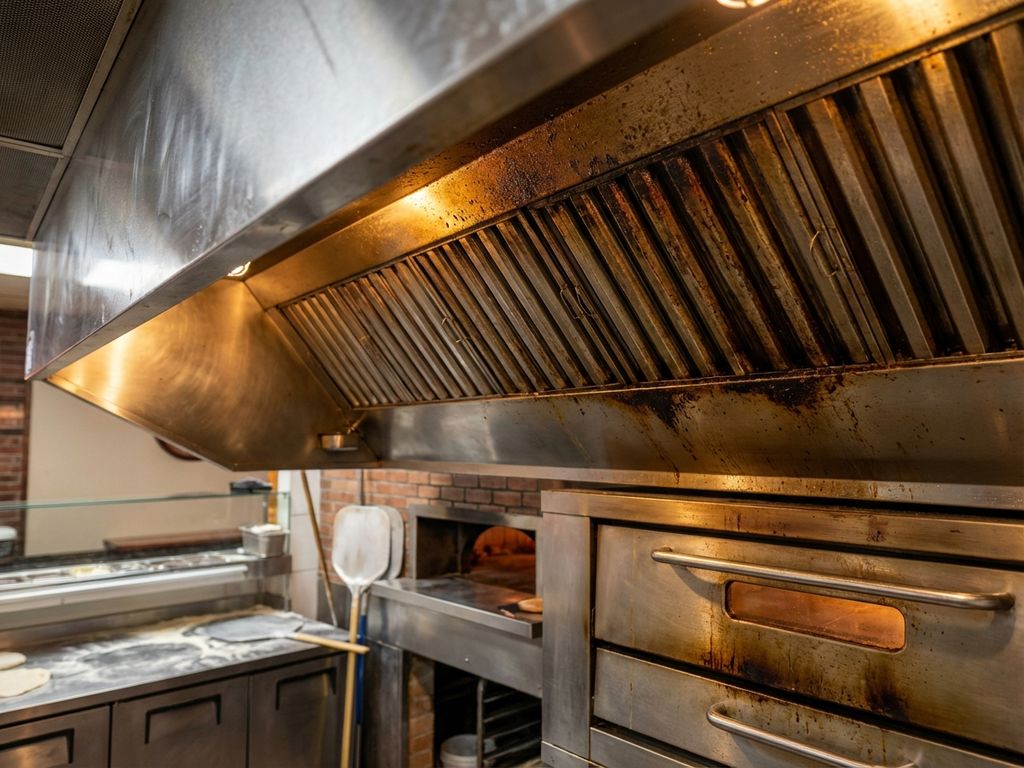 Commerciële afzuigkap in pizzeria met vetophoping en voedselresten op roestvrijstalen filters en oppervlakken