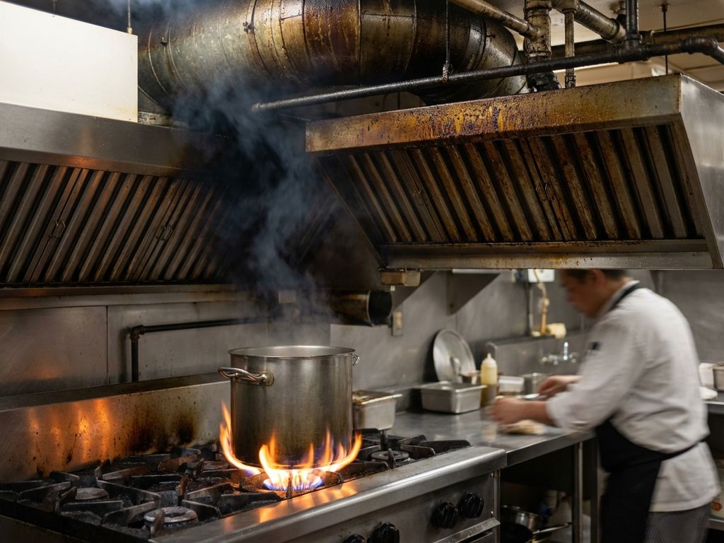 Vettige afzuigkap in professionele keuken met vuile filters en brandgevaar door verwaarloosde ventilatie