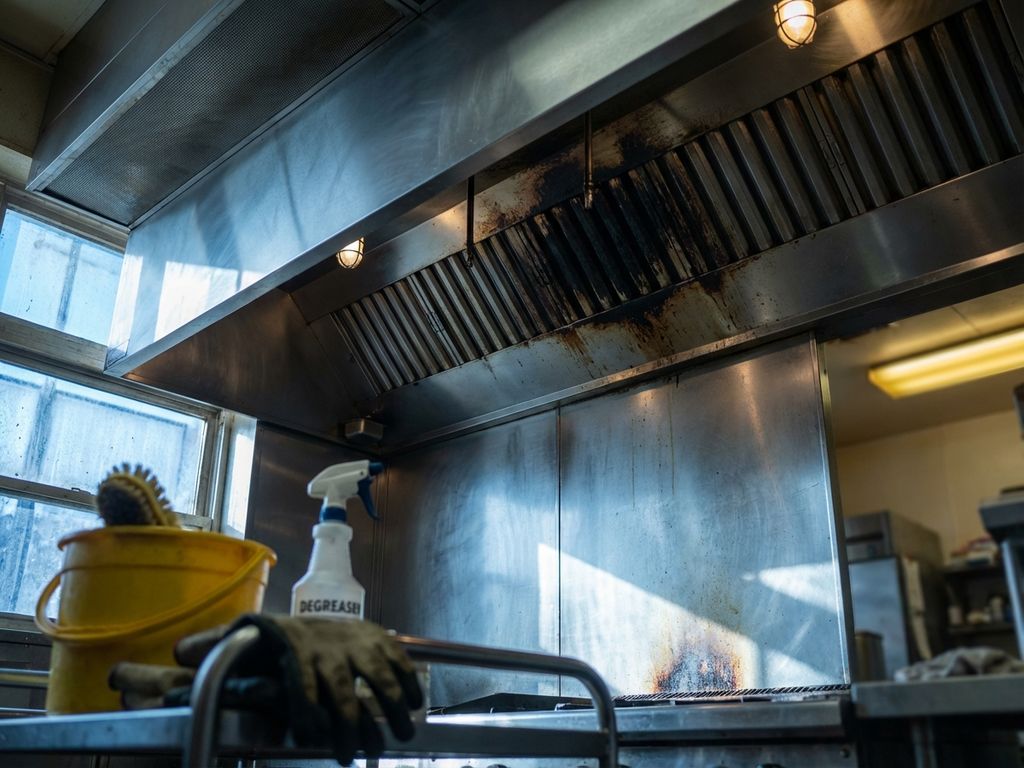 Commerciële afzuigkap met vetvervuiling en brandschade in professionele keuken, schoonmaakapparatuur op voorgrond