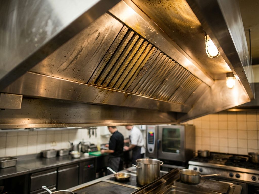 Commerciële afzuigkap van roestvrij staal met vetophoping en vergeelde filters in professionele keuken