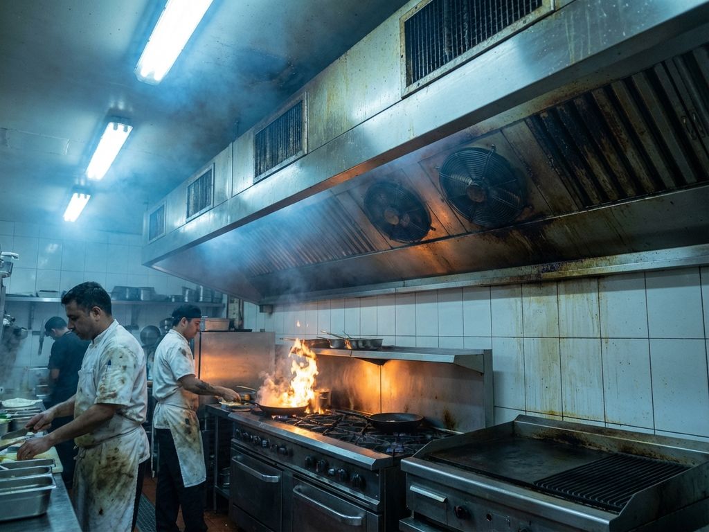 Commerciële keuken met blauwe rooknevel ondanks werkende afzuigkap, vettige ventilatie en kookuitrusting in gebruik