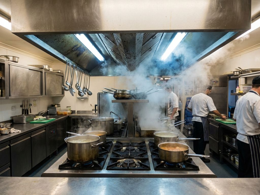 Professionele restaurantkeuken met overbelast afzuigsysteem, stoom en kookdampen zweven rond roestvrij stalen apparatuur