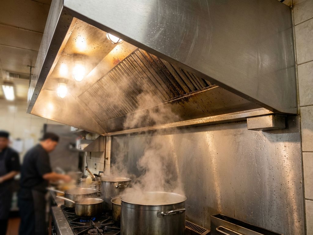 Roestvrij stalen afzuigkap in professionele restaurantkeuken met vetvervuiling en slechte ventilatie door dampophoping