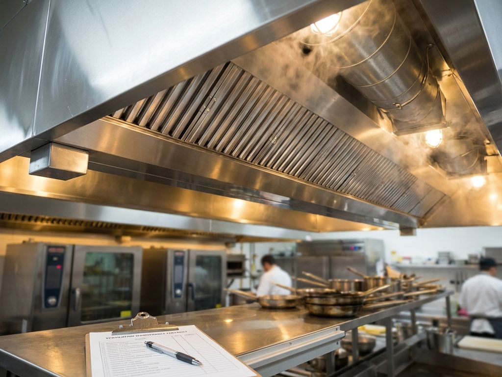 Professionele roestvrijstalen afzuigkap in commerciële keuken met glanzende filters en onderhoudsklembord