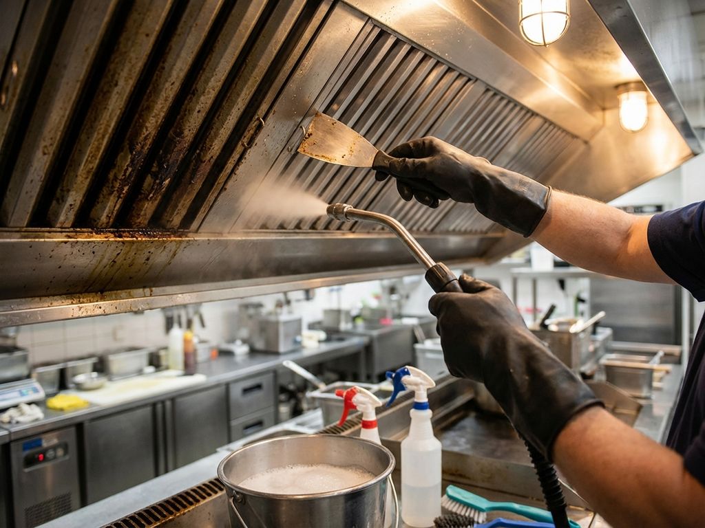 Professionele schoonmaker reinigt commerciële afzuigkap met gespecialiseerde apparatuur in restaurantkeuken