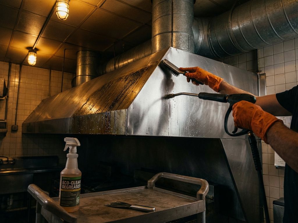 Professionele reiniging van commerciële keukenafzuigkap met voor-en-na contrast van vetophoping op roestvrijstaal