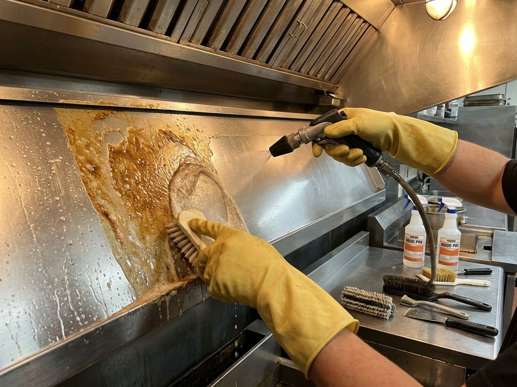 Professionele schoonmaker reinigt roestvrij stalen afzuigkap in commerciële keuken met gespecialiseerde apparatuur