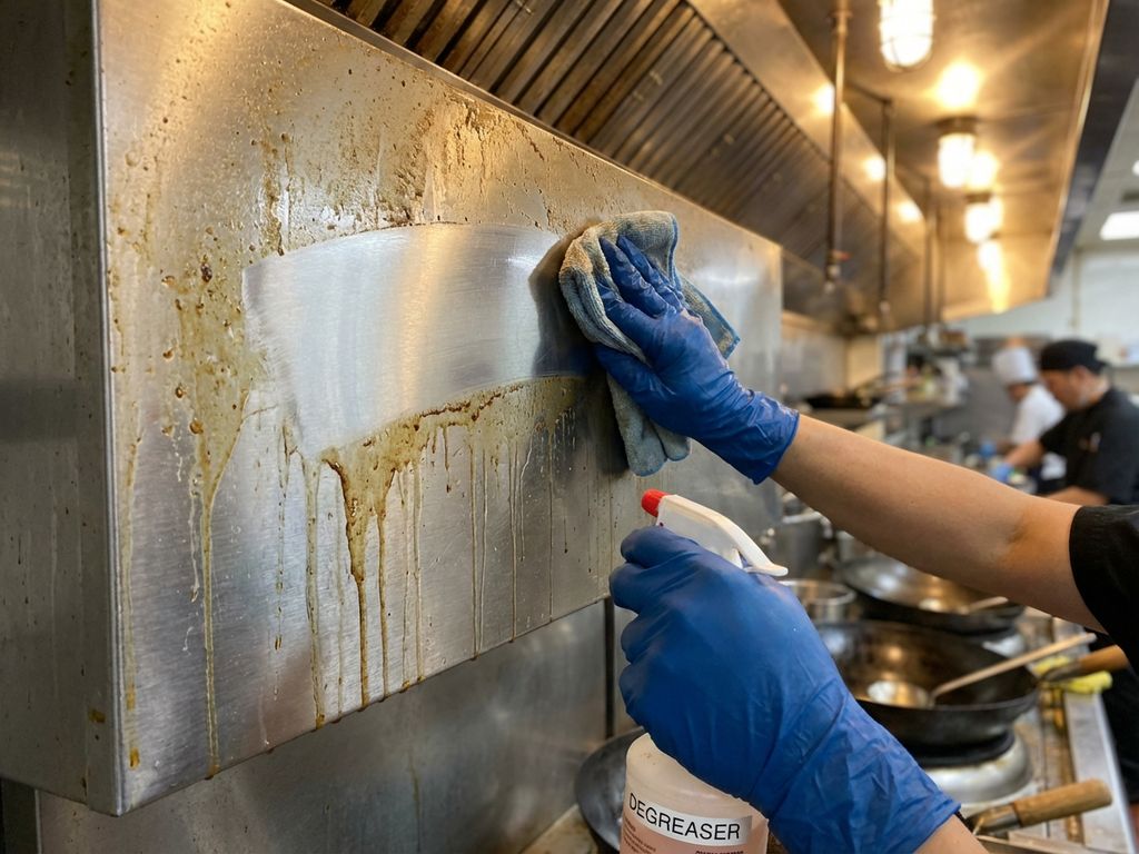 Professionele keukenreiniging van roestvrijstalen afzuigkap met handschoenen en reinigingsdoek in restaurant