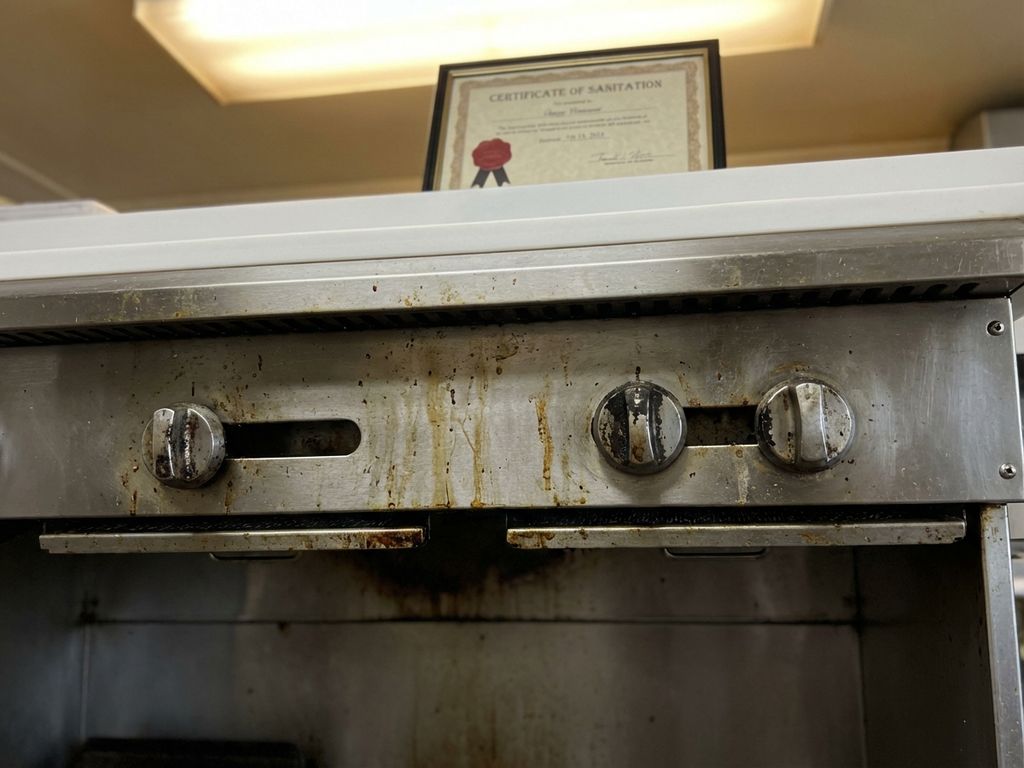 Professionele afzuigkap met vetvervuiling in restaurantkeuken, schoonmaakcertificaat met rood zegel op achtergrond