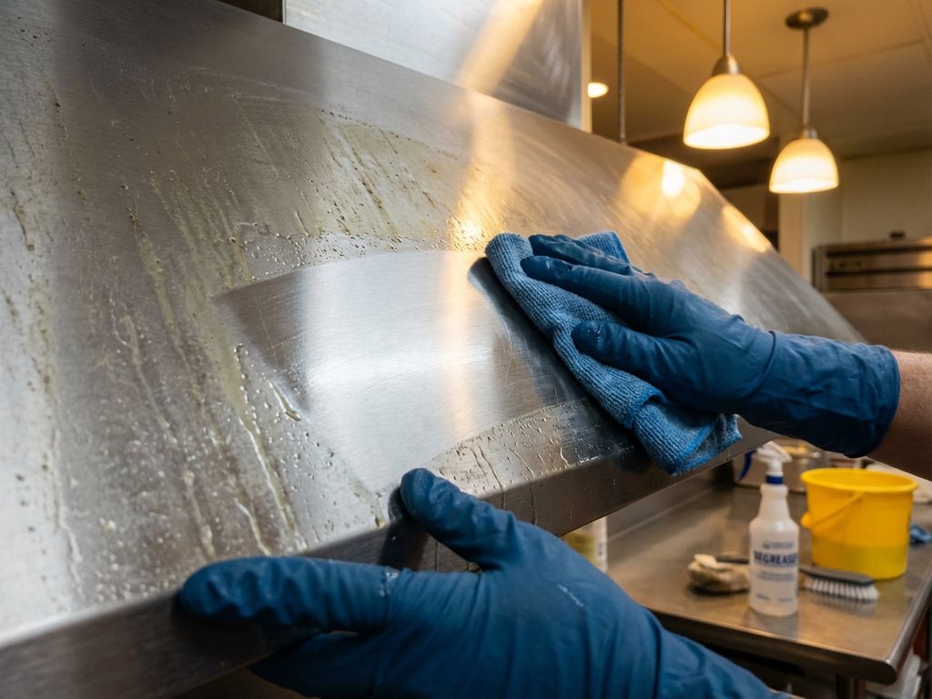 Professionele schoonmaker in handschoenen reinigt commerciële keuken afzuigkap met microvezeldoek