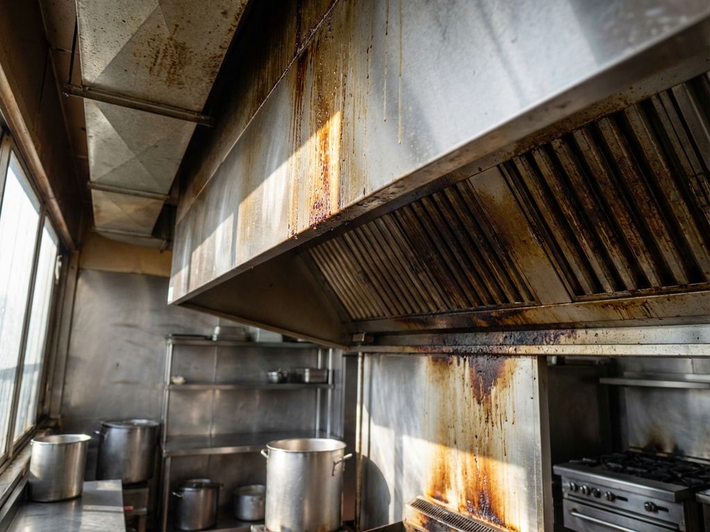 Vervuilde commerciële afzuigkap met dikke vetlagen en vuil op roestvrijstalen oppervlakken in restaurantkeuken