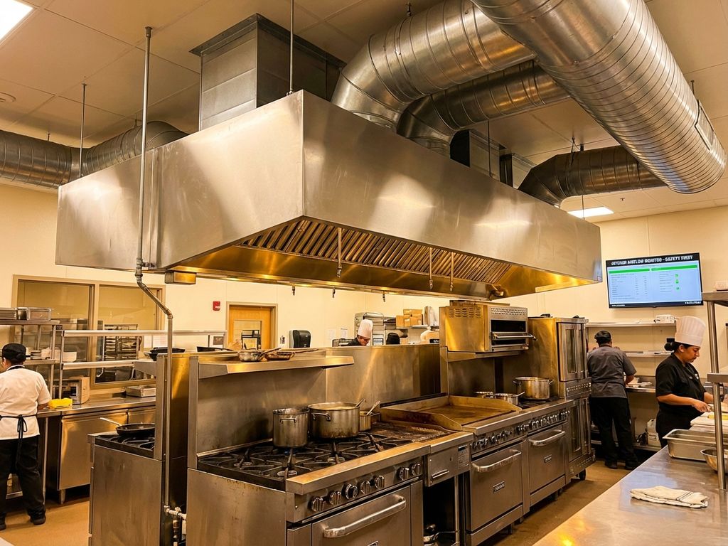 Commerciële afzuigkap in professionele keuken van zorginstelling met roestvrij staal en industriële kookapparatuur
