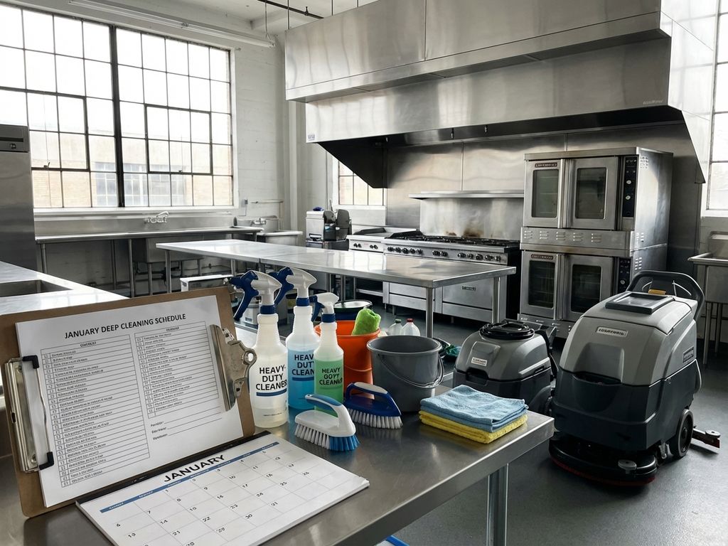 Professionele keuken tijdens grondige schoonmaak met roestvrij staal apparatuur en georganiseerde schoonmaakbenodigdheden