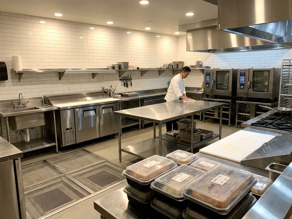 Professionele commerciële keuken met roestvrijstalen apparatuur, schone tegels en preventieve pestbestrijdingsmaatregelen