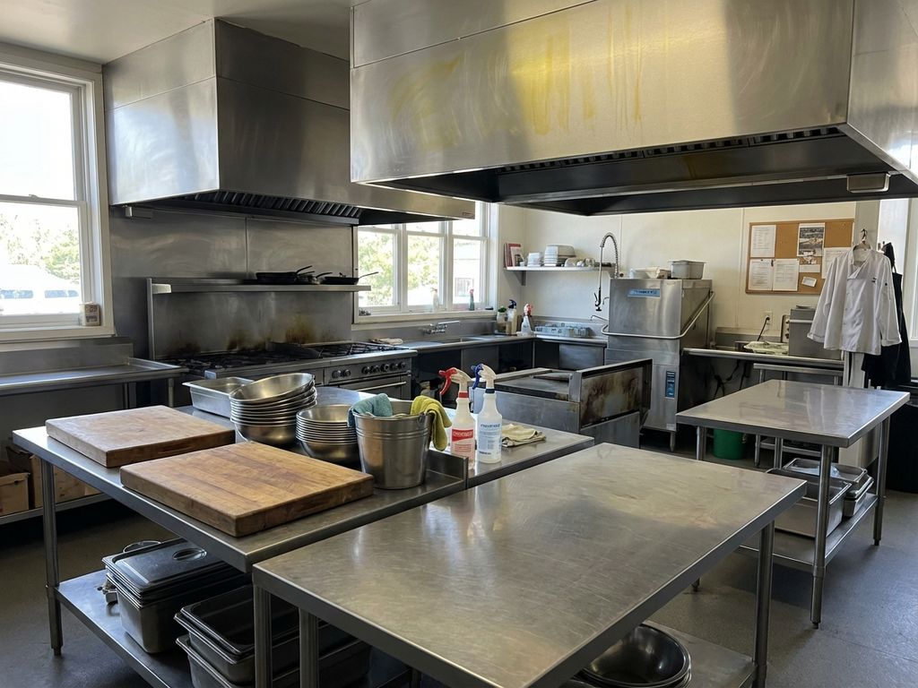 Professionele restaurantkeuken met roestvrijstalen apparatuur en kookstations die lente-schoonmaak nodig hebben