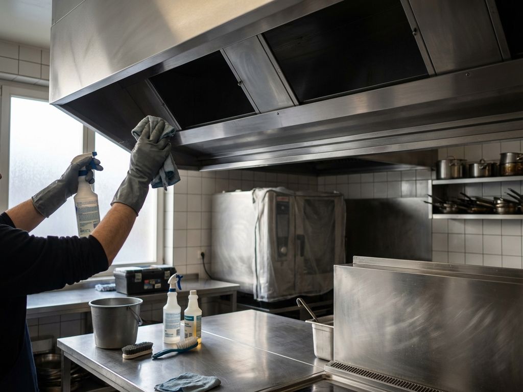 Handen in handschoenen reinigen professionele afzuigkap in commerciële keuken tijdens winteronderhoud