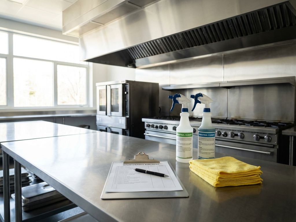 Onderhoudscontrolelijst op klembord naast schoonmaakbenodigdheden in glanzende professionele keuken met RVS apparatuur