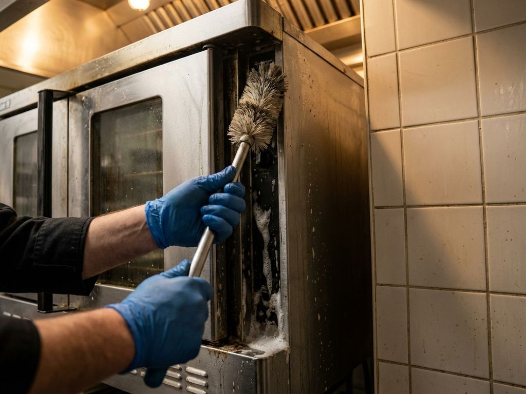 Keukenpersoneel met blauwe handschoenen reinigt moeilijk bereikbare ruimte achter commerciële oven met lange borstel