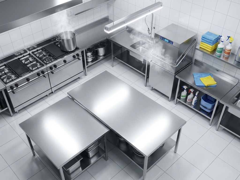 Schone commerciële keuken met glanzende roestvrijstalen apparatuur en professionele schoonmaakresultaten