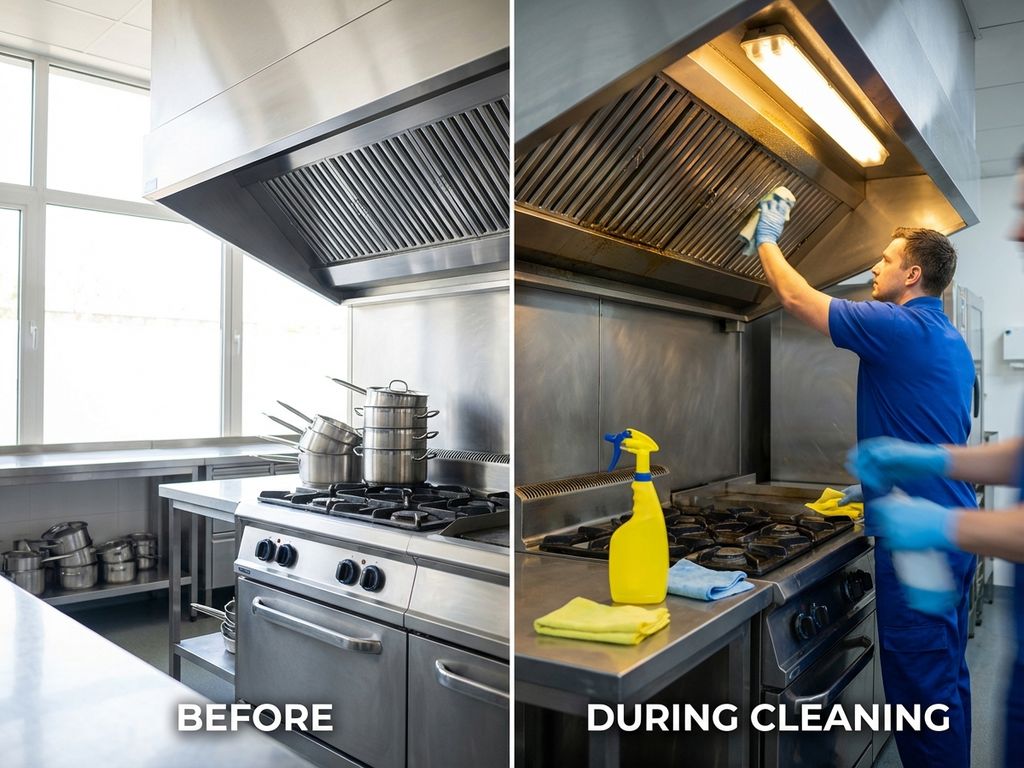 Professionele keuken voor en na reiniging: links schone roestvrijstalen oppervlakken, rechts technicus aan het werk