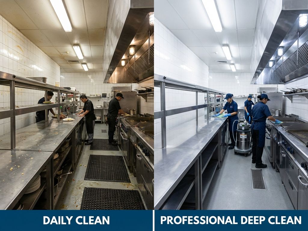 Commerciële keuken voor en na professionele diepe reiniging toont contrast tussen dagelijkse en grondige schoonmaak