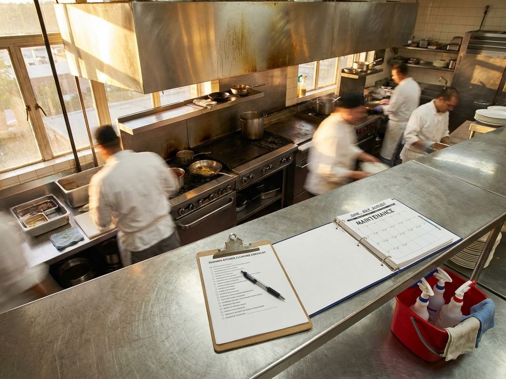 Professionele keuken met schoonmaakcontrolelijst op roestvrijstalen aanrecht, zomeronderhoud zichtbaar in gouden zonlicht