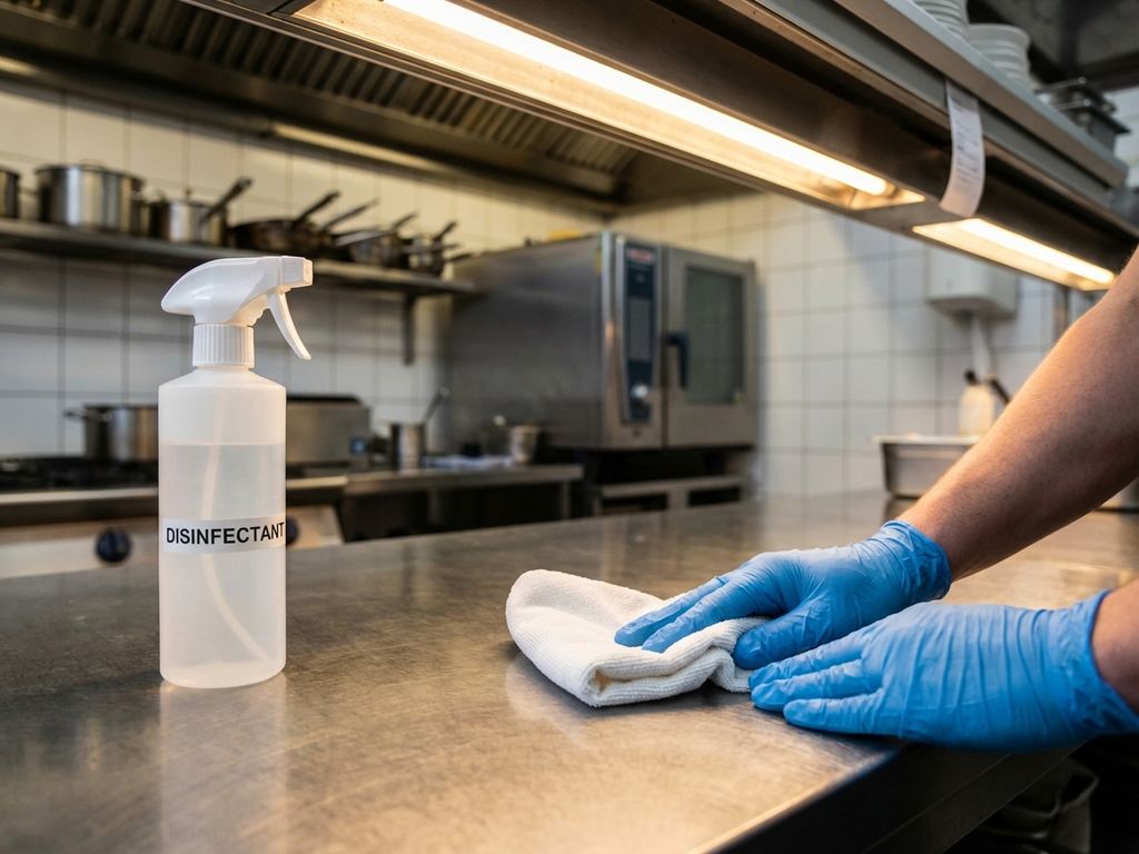 Handen in blauwe handschoenen reinigen roestvrijstalen aanrecht met microvezeldoek in professionele restaurantkeuken
