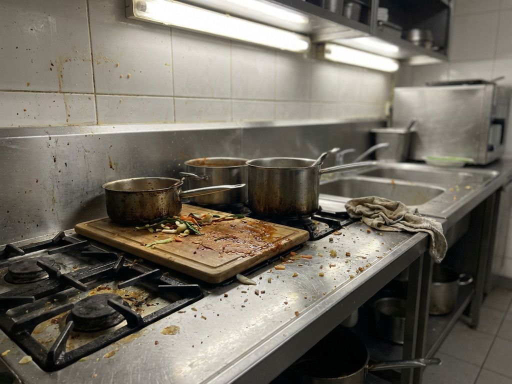 Onhygiënische commerciële keuken met voedselresten, vetvlekken en vuile snijplanken op roestvrijstalen werkblad