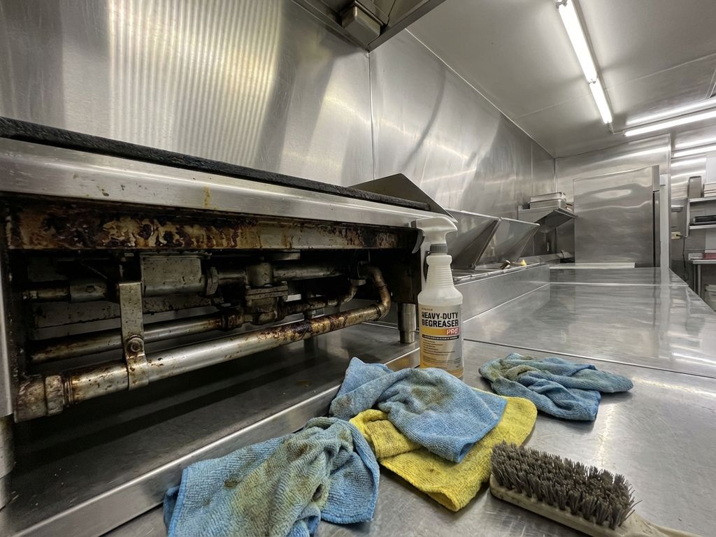 Professionele roestvrijstalen keuken met vetophoping onder apparatuur en schoonmaakmiddelen voor reiniging