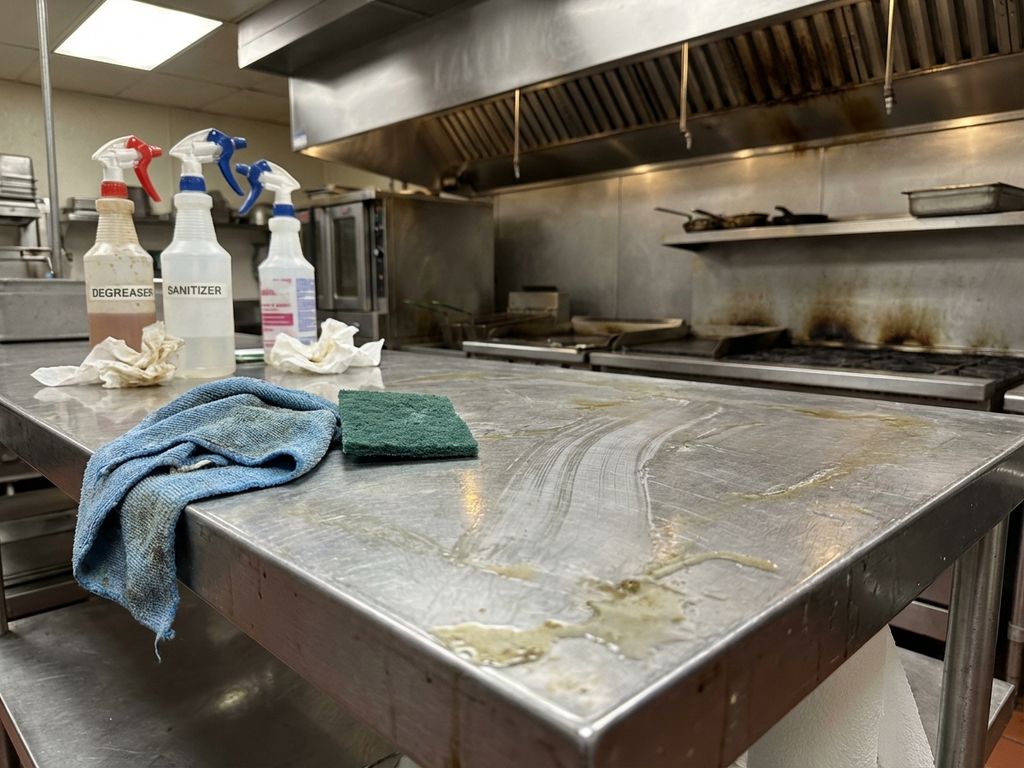 Commerciële restaurantkeuken met roestvrij staal oppervlakken die vetaanslag tonen ondanks schoonmaak, reinigingsmiddelen zichtbaar