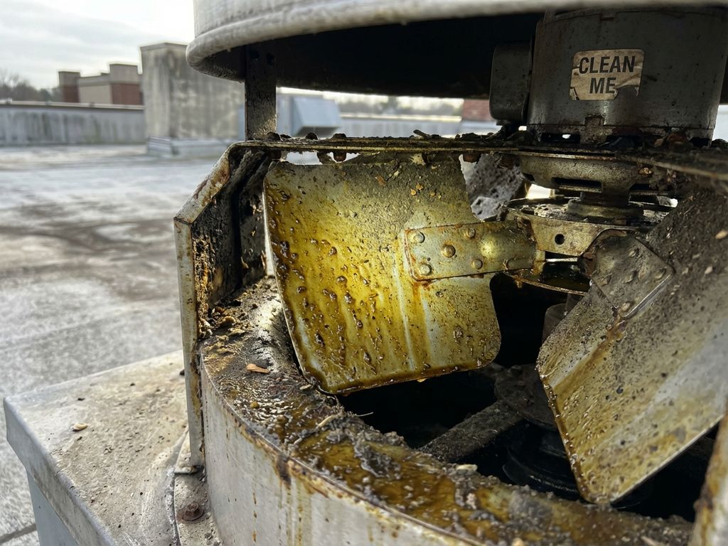 Vervuilde dakventilatiemotor met dikke vetlaag op ventilatorbladen, toont noodzaak professionele reiniging