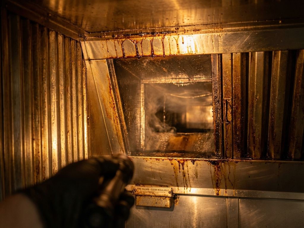 Vervuilde afzuigkanaal van restaurantkeuken met vetophoping op roestvrijstalen oppervlakken, brandgevaarlijke situatie