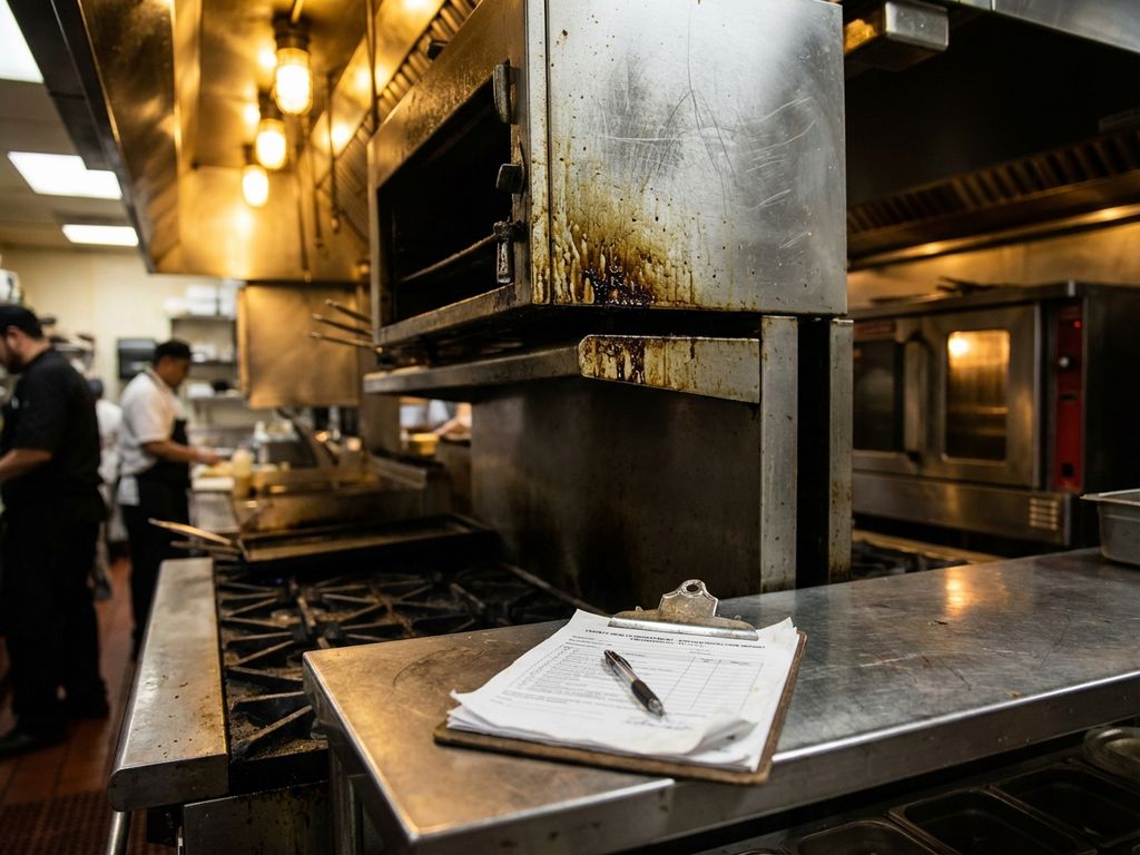 Commerciële afzuigkap met vetaanslag in restaurantkeuken, inspectiedocumenten op klembord op roestvrijstalen werkblad